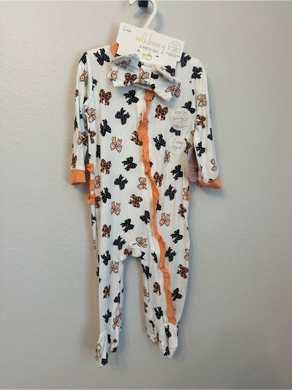 Milkberry Halloween Fall Bows White Bamboo-Blend Baby Pajamas 6-9 month